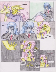 Size: 1275x1639 | Tagged: safe, artist:zoarenso, discord, fluttershy, oc, oc:stormcloak, anthro, comic:innocent sin, g4, comic, traditional art