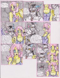 Size: 1275x1664 | Tagged: safe, artist:zoarenso, discord, fluttershy, anthro, comic:innocent sin, g4, comic, stupid sexy discord, traditional art