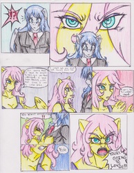 Size: 1275x1639 | Tagged: safe, artist:zoarenso, fluttershy, oc, oc:stormcloak, anthro, comic:innocent sin, g4, comic, incest, misspelling, the stare, traditional art, uncle and niece, yandere, you're going to love me