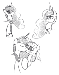 Size: 3375x4275 | Tagged: safe, artist:drawponies, princess luna, twilight sparkle, g4, blushing, dilated pupils, eyes closed, female, frown, kissing, lesbian, monochrome, raised hoof, ship:twiluna, shipping, smiling, surprise kiss, unamused