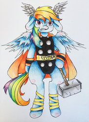 Size: 2376x3264 | Tagged: safe, artist:sk-ree, rainbow dash, pegasus, pony, g4, bipedal, crossover, female, hammer, high res, mare, simple background, solo, thor, traditional art, white background