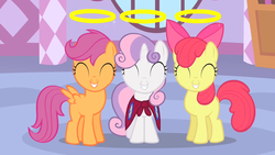 Size: 1280x720 | Tagged: safe, screencap, apple bloom, scootaloo, sweetie belle, earth pony, pegasus, pony, unicorn, g4, season 1, stare master, ^^, adorabloom, cute, cutealoo, cutie mark crusaders, cutie mark cuties, daaaaaaaaaaaw, diasweetes, eyes closed, female, filly, foal, grin, halo, hnnng, looking at you, smiling, smiling at you, spread wings, trio, trio female, weapons-grade cute, wings