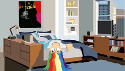 Size: 1920x1080 | Tagged: safe, artist:garretthegarret, rainbow dash, equestria girls, g4, apartment, bed, bed hair, bedroom, city, female, humanized, interior, messy hair, morning ponies, on back, poster, solo, upside down