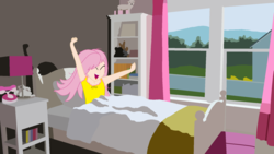 Size: 1920x1080 | Tagged: safe, artist:garretthegarret, fluttershy, equestria girls, g4, bed, bed hair, bedroom, clothes, female, messy hair, morning ponies, pajamas, solo