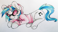 Size: 3220x1800 | Tagged: safe, artist:sk-ree, dj pon-3, vinyl scratch, g4, clothes, female, hoodie, solo, traditional art