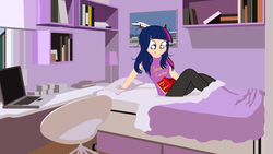 Size: 1920x1080 | Tagged: dead source, safe, artist:garretthegarret, twilight sparkle, equestria girls, g4, bed, bed hair, bedroom, book, concorde, female, messy hair, morning ponies, solo