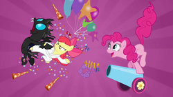 Size: 1920x1080 | Tagged: safe, artist:dtkraus, edit, edited screencap, screencap, apple bloom, pinkie pie, changeling, earth pony, pony, a canterlot wedding, call of the cutie, g4, awesome, karatebloom, party cannon, pony cannonball, sunburst background, wat