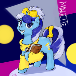 Size: 2000x2000 | Tagged: safe, artist:osakaoji, minuette, pony, unicorn, g4, 80s, alternate hairstyle, biology, book, bow, braces, clothes, female, high res, leg warmers, mare, pin, solo, younger