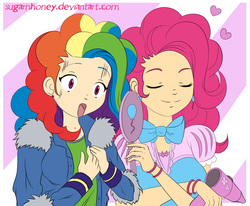 Size: 1281x1056 | Tagged: safe, artist:sugarnhoney, pinkie pie, rainbow dash, human, g4, alternate hairstyle, humanized, mane swap