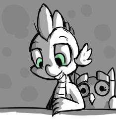 Size: 320x342 | Tagged: safe, artist:untiltheballoons, owlowiscious, spike, g4, grayscale, monochrome, partial color