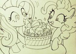 Size: 960x682 | Tagged: safe, artist:momo, fluttershy, pinkie pie, g4, cute, diapinkes, grayscale, ice cream, monochrome, shyabetes