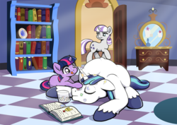 Size: 1800x1272 | Tagged: safe, artist:muffinshire, shining armor, twilight sparkle, twilight velvet, pony, unicorn, comic:twilight's first day, g4, book, cropped, cute, equestria's best brother, eyes closed, female, filly, filly twilight sparkle, male, mare, muffinshire is trying to murder us, prank, shining adorable, single panel, sleeping, sticker, tongue out, twiabetes, twilight velvet is not amused, younger