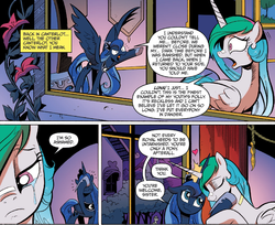Size: 1400x1141 | Tagged: safe, idw, official comic, observer (g4), princess celestia, princess luna, g4, spoiler:comic, spoiler:comic18, crying, eyes closed, facehoof, floppy ears, frown, glare, heart, horn, horns are touching, open mouth, pointing, smiling, spread wings, wide eyes, yelling