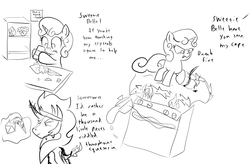 Size: 2584x1696 | Tagged: safe, artist:frikdikulous, king sombra, sweetie belle, pony, unicorn, g4, bevor, chestplate, crown, crystal, dialogue, female, filly, fire, foal, glue, helmet, jewelry, king sideburns, lineart, male, monochrome, on fire, queen sweetie belle, questionable shipping, regalia, shipping, sketch, sketch dump, sombrabelle, stallion, stove, straight, text, tumblr:ask king sombra and queen sweetie belle, wip