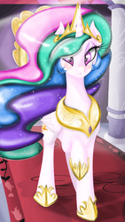 Size: 1080x1920 | Tagged: safe, artist:falco9998, princess celestia, g4, blushing, eyeshadow, female, looking at you, raised hoof, solo, standing