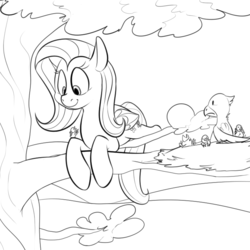 Size: 700x700 | Tagged: dead source, safe, artist:dotkwa, artist:php131, fluttershy, bird, pegasus, pony, g4, collaboration, grayscale, lineart, monochrome, nest, tree