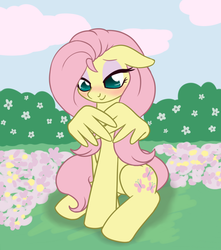 Size: 884x998 | Tagged: safe, artist:marindashy, fluttershy, g4, alternate hairstyle, bedroom eyes, blushing, cute, eyeshadow, female, floppy ears, flower, fluttershy answers, shy, shyabetes, sitting, smiling, solo, tumblr, wing hands
