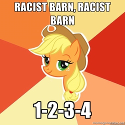 Size: 600x600 | Tagged: safe, applejack, earth pony, pony, g4, advice meme, bedroom eyes, cowboy hat, exploitable meme, female, hat, image macro, mare, meme, memegenerator, mouthpiece, op is a duck, out of character, pun, racism, racist barn, raise this barn, solo