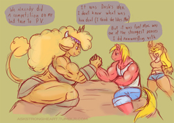 Size: 944x666 | Tagged: safe, artist:weasselk, applejack, big macintosh, little strongheart, bison, buffalo, earth pony, anthro, ask strongheart, g4, amazon, amazonian, applebucking thighs, arm wrestling, big strongheart, breasts, busty applejack, busty little strongheart, female, muscles, sitting, size difference, thighs, thunder thighs, tumblr
