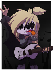 Size: 1024x1379 | Tagged: safe, artist:fj-c, applejack, equestria girls, g4, armpits, clothes, electric guitar, female, guitar, horns, makeup, musical instrument, ponytail, rock (music), rockstar, solo, tank top, tongue out