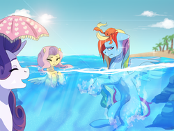 Size: 1329x1000 | Tagged: dead source, safe, artist:naminzo, fluttershy, rainbow dash, rarity, crab, pegasus, pony, unicorn, g4, animal, beach, bubble, eyes closed, feather, female, floppy ears, laughing, mare, ocean, open mouth, palm tree, profile, rainbow dash is not amused, smiling, spread wings, swimming, tree, trio, unamused, underwater, water, wet mane, wings