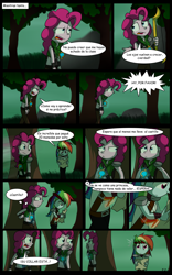 Size: 1024x1638 | Tagged: safe, artist:fj-c, pinkie pie, rainbow dash, human, g4, belly button, comic, dialogue, fantasy equestria, humanized, midriff, pony coloring, spanish