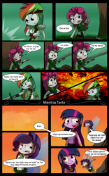 Size: 1024x1639 | Tagged: safe, artist:fj-c, pinkie pie, rainbow dash, rarity, twilight sparkle, fairy, human, equestria girls, g4, belly button, clothes, comic, dialogue, fantasy equestria, humanized, midriff, pony coloring, skirt, spanish, sword