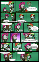 Size: 1024x1638 | Tagged: safe, artist:fj-c, pinkie pie, rainbow dash, human, g4, belly button, comic, dialogue, fantasy equestria, humanized, midriff, pony coloring, spanish