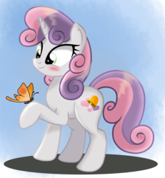 Size: 1276x1383 | Tagged: safe, artist:ruhisu, sweetie belle, butterfly, pony, g4, alternate universe, blushing, female, harmony-verse, older, smiling, solo