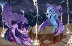 Size: 1088x704 | Tagged: safe, artist:omgproductions, trixie, twilight sparkle, alicorn, pony, g4, duo, electrixie, female, fight, lava, lightning, mare, storm, twilight sparkle (alicorn)