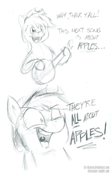 Size: 1000x1554 | Tagged: safe, artist:thraten, applejack, g4, maud pie (episode), banjo, comic, female, insanity, monochrome, musical instrument, sketch, smiling, snapplejack, solo, that pony sure does love apples, traditional art, uvula, wide eyes