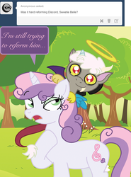 Size: 671x906 | Tagged: safe, artist:schwarzekatze4, discord, sweetie belle, ask the harmony crusaders, g4, alternate universe, ask, baby, baby discord, baby draconequus, halo, harmony-verse, innocent, older, older sweetie belle, tumblr