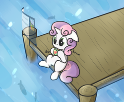 Size: 1100x900 | Tagged: safe, artist:spikedmauler, sweetie belle, pony, unicorn, g4, female, floppy ears, juice, juice box, pier, solo, water