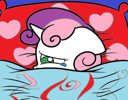 Size: 500x391 | Tagged: safe, artist:spikedmauler, sweetie belle, pony, unicorn, g4, bed, ears back, female, in bed, solo, teary eyes