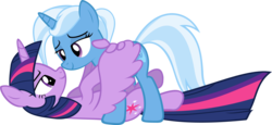 Size: 2434x1118 | Tagged: safe, artist:zacatron94, trixie, twilight sparkle, alicorn, pony, g4, bedroom eyes, boop, clone, cuddling, eye contact, female, hug, lesbian, lula, mare, noseboop, on back, ship:twixie, shipping, simple background, smiling, snuggling, transparent background, twilight sparkle (alicorn), vector, wing hands, winghug