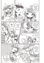 Size: 1718x2455 | Tagged: safe, artist:yoona, princess cadance, queen chrysalis, shining armor, changeling, comic:solitary pupa, g4, comic, disguise, disguised changeling, doujin, fake cadance, monochrome, translation
