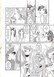 Size: 1718x2455 | Tagged: safe, artist:yoona, princess cadance, queen chrysalis, shining armor, changeling, comic:solitary pupa, g4, comic, disguise, disguised changeling, doujin, fake cadance, monochrome, translation