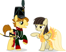 Size: 3799x3019 | Tagged: safe, artist:vector-brony, mandopony, wild fire, earth pony, pegasus, pony, g4, army, british, british army, clothes, dress, female, hat, high res, male, saber, shako, sharpshooter, ship:mandofire, shipping, simple background, straight, transparent background, uniform, vector, weapon