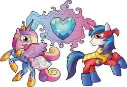 Size: 4396x3000 | Tagged: safe, artist:theshadowstone, princess cadance, shining armor, alicorn, pony, unicorn, g4, cape, clothes, crystal heart, duo, duo male and female, female, magic, male, mare, simple background, stallion, superhero, transparent background