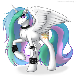 Size: 1000x986 | Tagged: safe, artist:spiggy-the-cat, princess celestia, alicorn, pony, g4, bracelet, chains, choker, ear piercing, female, looking at you, metal, metal as fuck, metalestia, metalhead, piercing, raised hoof, simple background, smiling, solo, spiked choker, spiked wristband, spread wings, white background