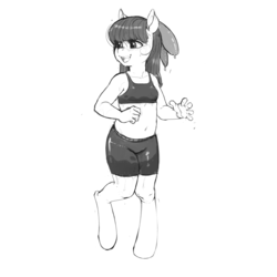 Size: 5000x5000 | Tagged: safe, artist:kevinsano, apple bloom, earth pony, anthro, unguligrade anthro, g4, absurd resolution, belly button, clothes, compression shorts, female, filly, grayscale, monochrome, open mouth, shorts, simple background, sketch, smiling, solo, sports bra, wet mane, white background