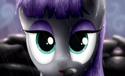 Size: 800x488 | Tagged: safe, artist:everypone, maud pie, g4, female, mouth hold, rain, rock, solo