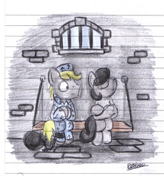 Size: 1464x1577 | Tagged: safe, artist:bobthedalek, oc, oc only, oc:mixed melody, oc:octavia's father, oc:octavia's mother, oc:ostinato melody, earth pony, pony, ball and chain, bench, clothes, duo, female, jail, male, prison outfit