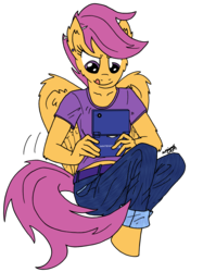 Size: 2710x3630 | Tagged: safe, artist:greenlinzerd, scootaloo, anthro, unguligrade anthro, g4, :p, clothes, collarbone, dsi, female, high res, nintendo, older, simple background, solo, transparent background