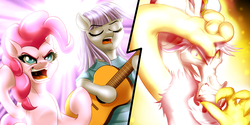 Size: 5000x2500 | Tagged: safe, artist:mykegreywolf, discord, maud pie, pinkie pie, g4, eyes closed, glare, glowing, gritted teeth, guitar, musical instrument, open mouth, parody, pick of destiny, reference, singing, smiling, song reference, tenacious d, tribute