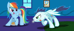 Size: 1024x441 | Tagged: safe, artist:rebron-y, rainbow dash, soarin', pegasus, pony, g4, :p, bedroom eyes, eyes on the prize, female, floppy ears, grin, horses doing horse things, male, mare, open mouth, pie, raised eyebrow, ship:soarindash, shipping, smiling, snorting, spread wings, stallion, straight, teasing, that pony sure does love pies, tongue out
