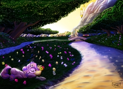 Size: 2338x1700 | Tagged: safe, artist:f-nar, oc, oc only, canterlot, flower, grass, river, scenery, sleeping, solo, sunrise, water