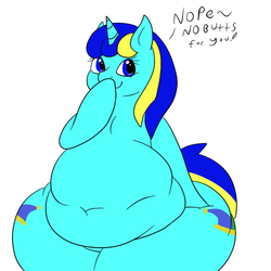 Size: 500x500 | Tagged: safe, artist:watertimdragon, oc, oc only, oc:jester bells, pony, belly, bipedal, dialogue, fat, impossibly wide hips, morbidly obese, obese, solo, tilde, wide hips
