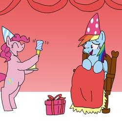 Size: 400x400 | Tagged: safe, artist:kushina13, pinkie pie, rainbow dash, earth pony, pegasus, pony, g4, bipedal, duo, duo female, female, hat, party hat, pixiv, preggo dash, pregnant