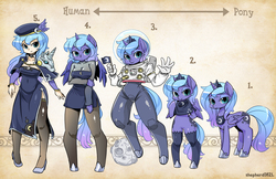 Size: 1600x1035 | Tagged: safe, artist:shepherd0821, princess luna, alicorn, human, pony, anthro, semi-anthro, unguligrade anthro, g4, anthro chart, anthro with ponies, astronaut, bipedal, cleavage, clothes, dress, female, humanized, line-up, moon, s1 luna, side slit, solo, total sideslit